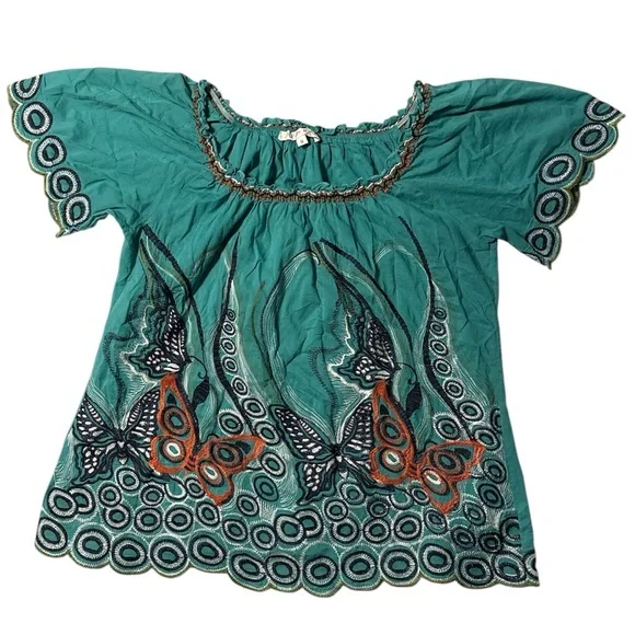 Joy Joy Teal and Orange Butterfly Blouse - Picture 1 of 3